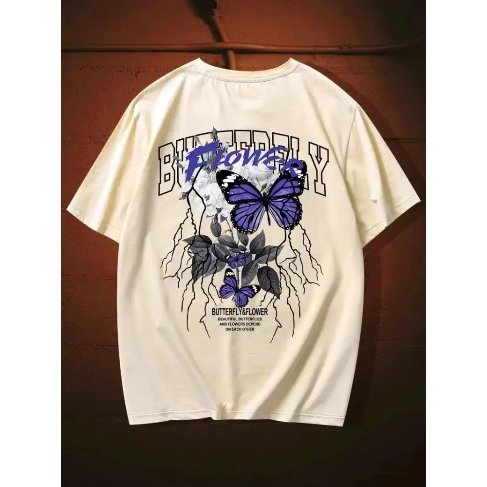 Summer New Men's Casual Crew Neck Short Sleeve "Butterfly & Flower" Butterfly Printed Cotton T-Shirt