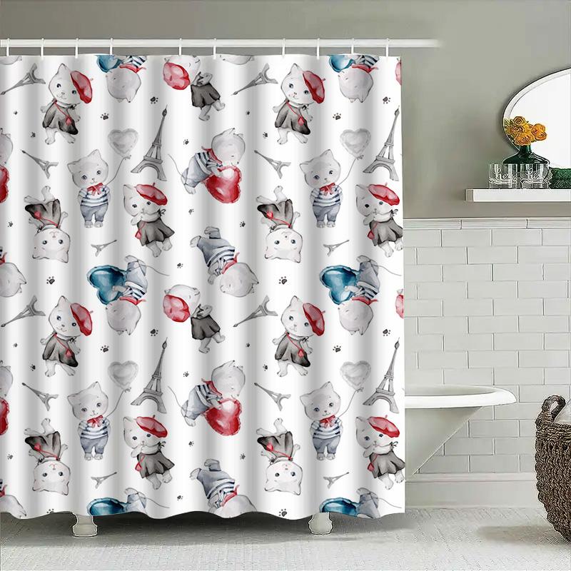 

Watercolor Cat Shower Curtain with Paris Eiffel Tower Design for Bathroom Decor White Color Waterproof Fabric for Bath Room Deco 90x180cm