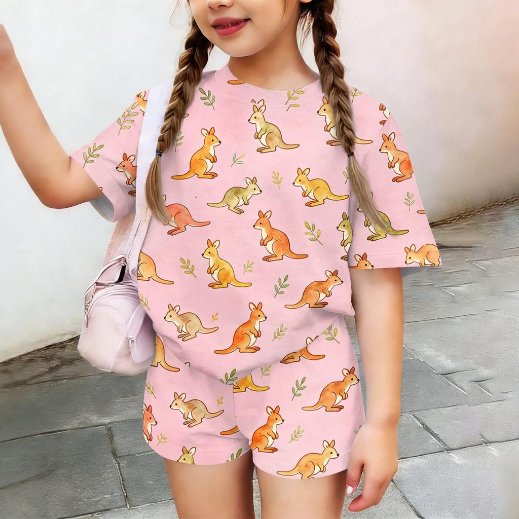 Kids Casual Short Sleeve Top and Shorts Set Lightweight Soft Fabric Animal Print Summer Outfit for Toddlers and Children