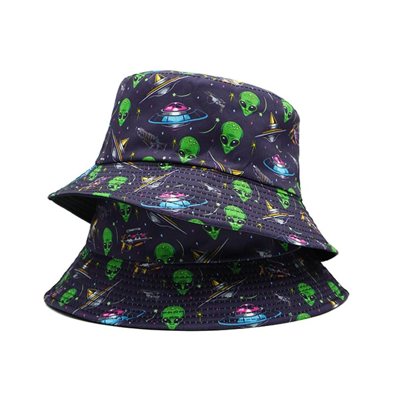Bocca Cartoon Alien Printing Bucket Hat UFO Pattern FisherUnisex Hats For Unisex And Women Double Sides Panama Cap Caps Street Outdoor