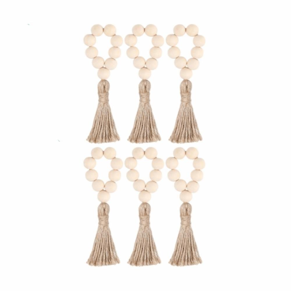 6 Pieces Farmhouse Style Wooden Bead Napkin Rings Adjustable with Tassel Napkin Buckle Handmade Napkin Holder Holiday Banquet