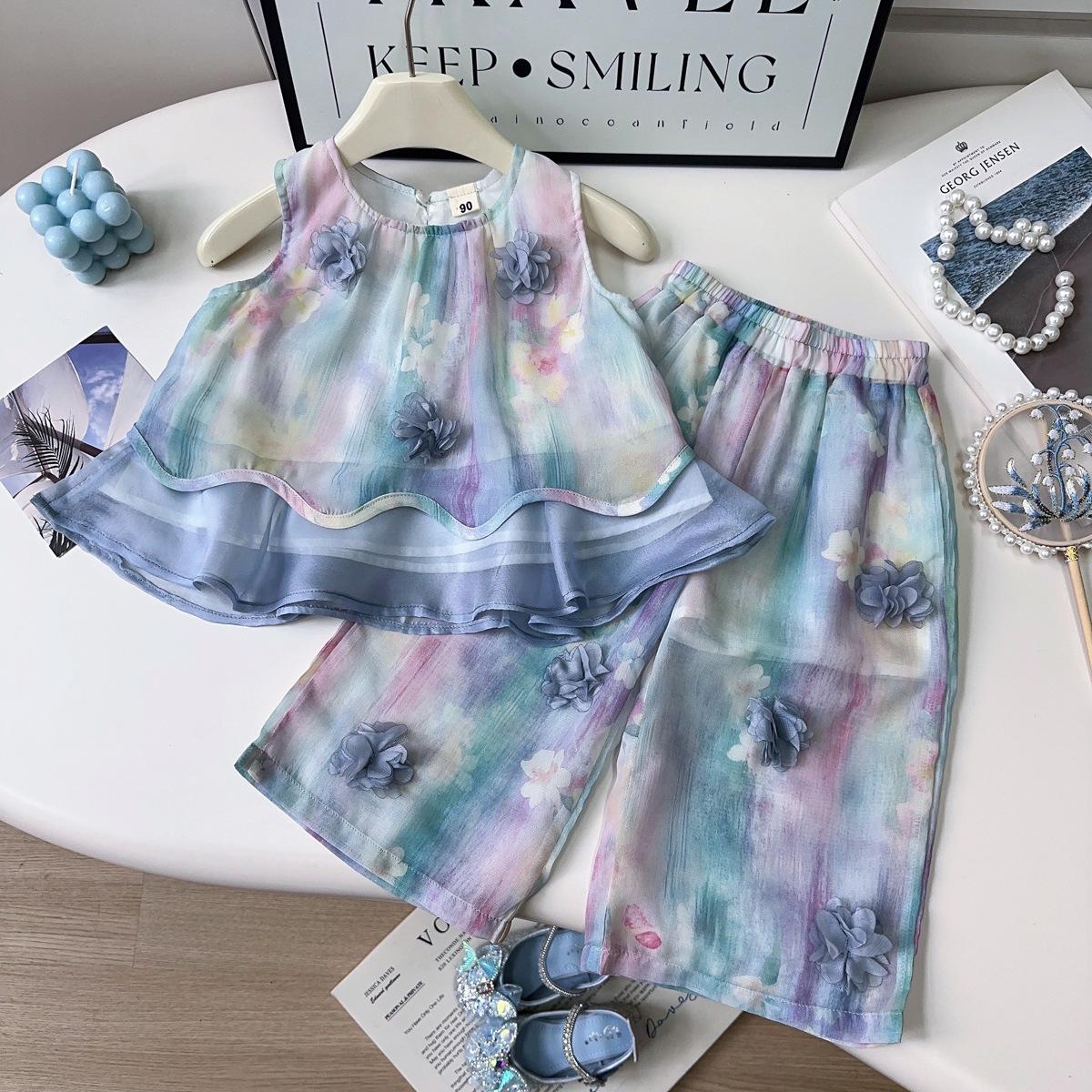 

Girls Summer Tie-Dye Floral Vest & Wide-Leg Pants Set 100