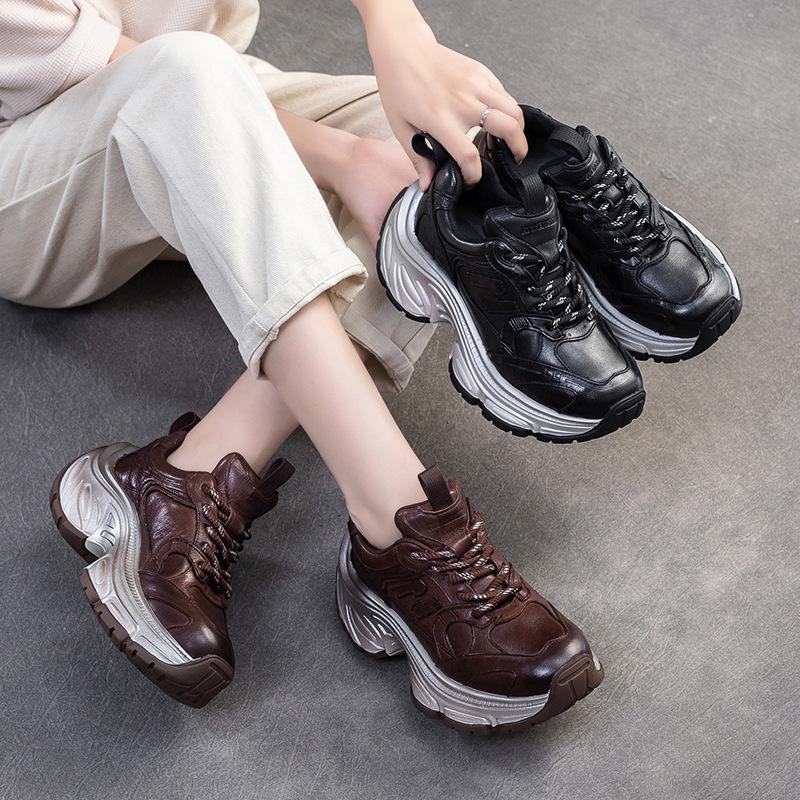 Fashion GKTINOO 2024 Autumn New Retro Lace-up Flat Platform Shoes Genuine Leather Sneakers Thick Soled Round Toe Casual Women's Shoes