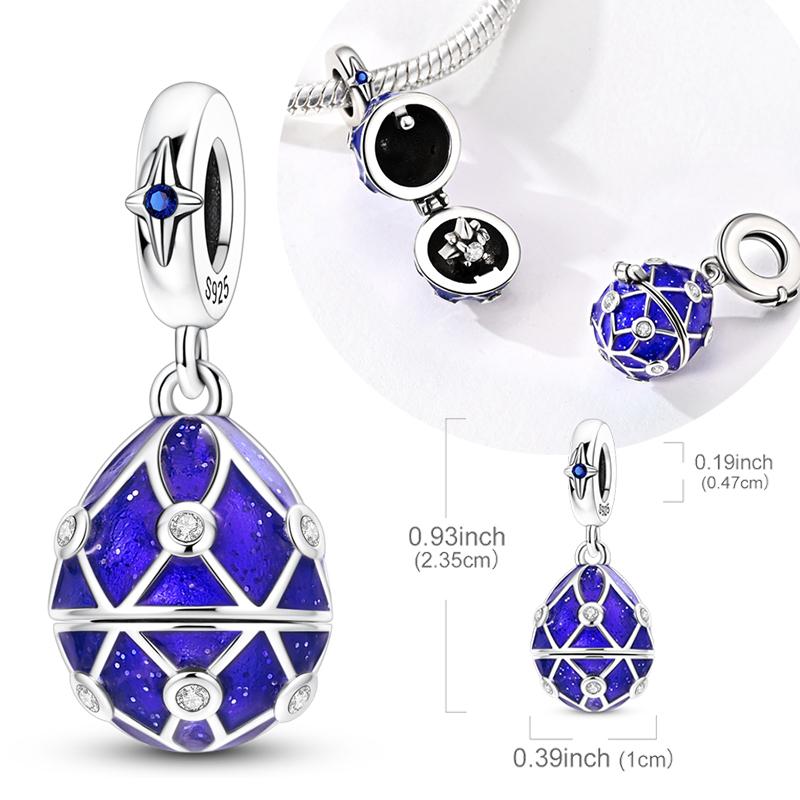 Original 925 Sterling Silver Bead Charms Dark Blue Easter Egg Pendant Fit Original Bracelet Necklace For Women DIY Jewelry Gift