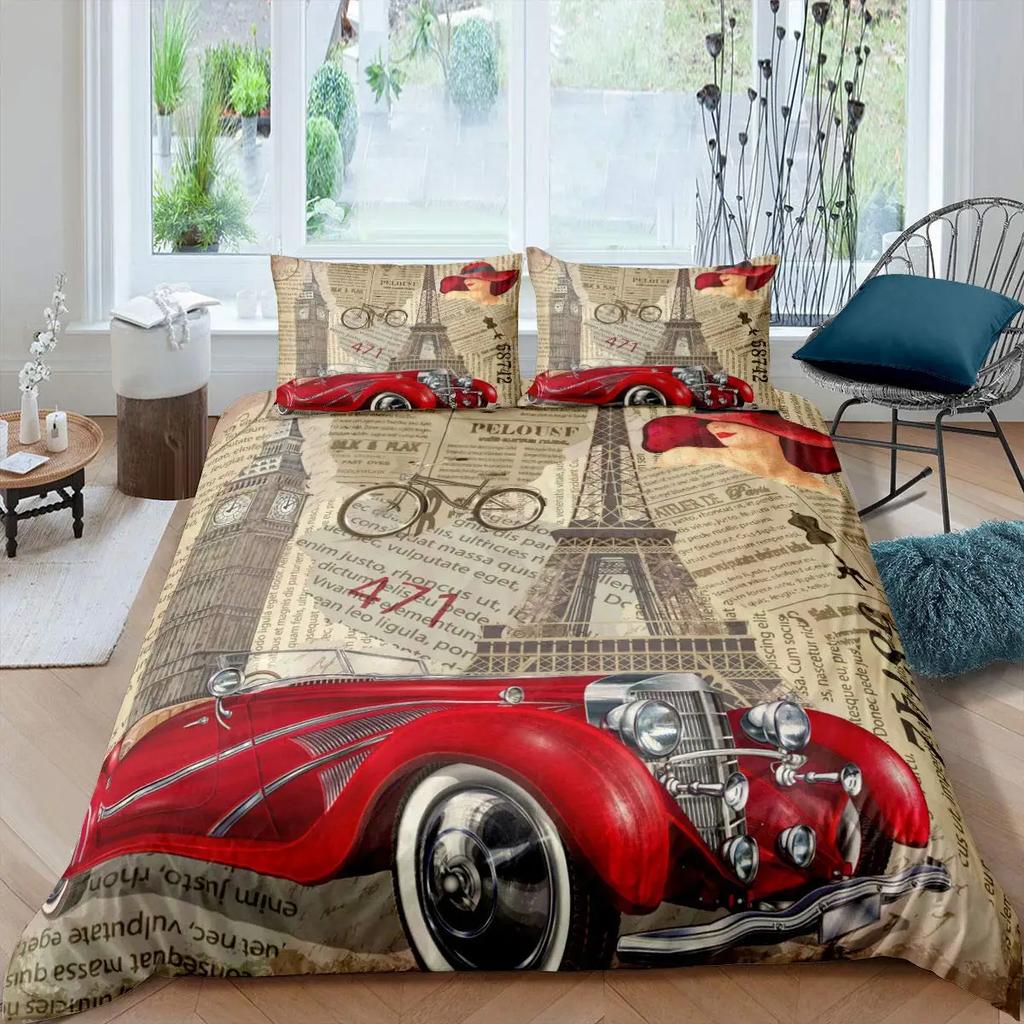 Housse de Couette Tour Eiffel Romantique Moderne Bâtiment de Ville de Paris Rouge et Bleu Housse de Couette pour Couple Accessoires Décor pour Adolescente