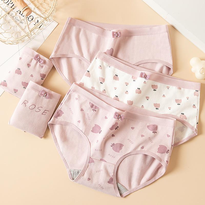 5 Pcs Mid-waist Women's Panties with Bowknot Cute Sweet Girly Briefs Cotton Crotch Student Panties