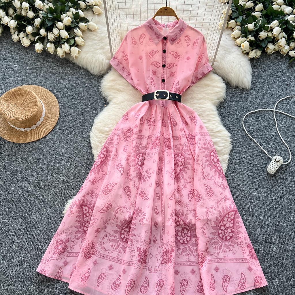 Kobiety Różowa Długa Sukienka Letnia Francuska Retro Krótki Rękaw Drukowane Sukienki Imprezowe Damskie Wąskie A-line Elegancka Długa Suknia Vestidos