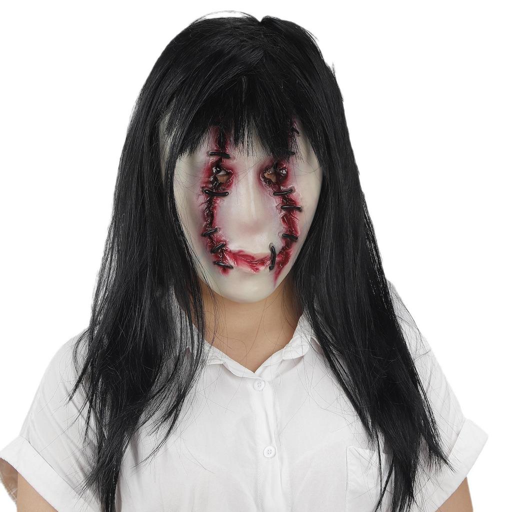Japanese-style horror latex mask featuring a black-haired, stitched-face female ghost.