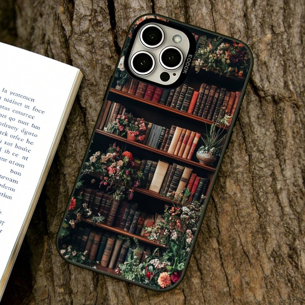 Estante de Livros Padrão Criativo Capa de Celular Para iPhone 17,16,15,14,13,12,11 Plus,Pro Max,XS,Prata Colorida Revestida Tampa Interna