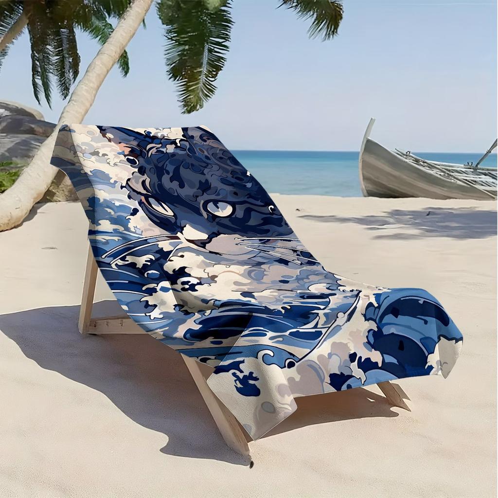 Dark blue cat with waves pattern polyester microfiber beach towel is highly absorbent, suitable for swimming and beach outings