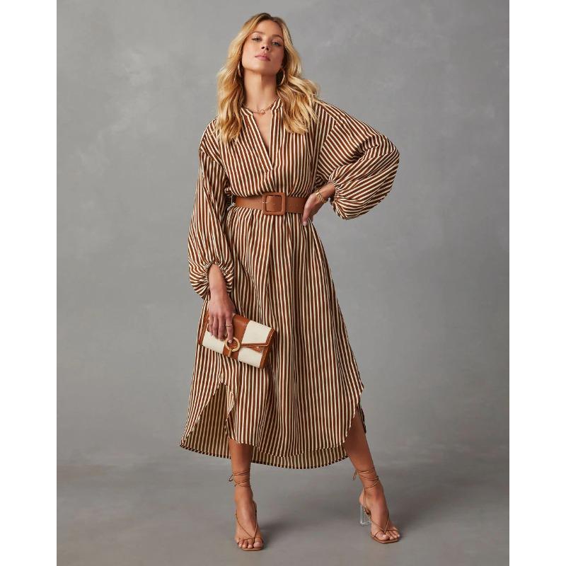 European and American Women's Clothing Amazon Spring and Autumn Fashion V-neck Loose Striped Belt Shirt Dress