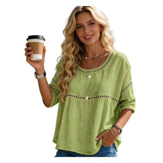 

Women Tops Round Neck Half Sleeve Loose Fit Tee Shirt Pure Color Hollow Design Soft Stretchy Blouse Daily XXL светло-зеленый