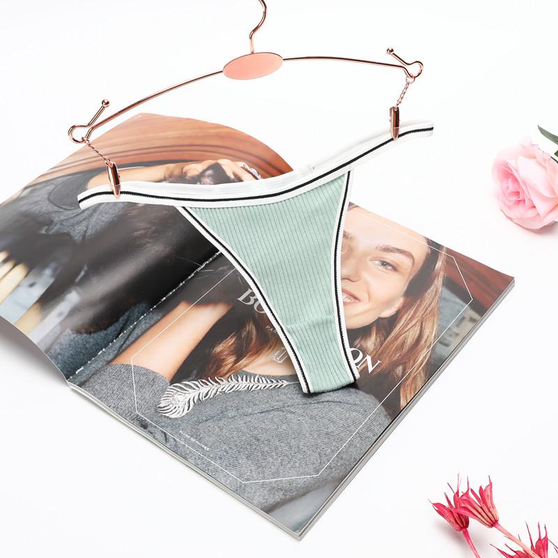 Solid Color Ribbed Cotton Women's Thong with Fine Straps and Hollowed Mid-Low Waist Design