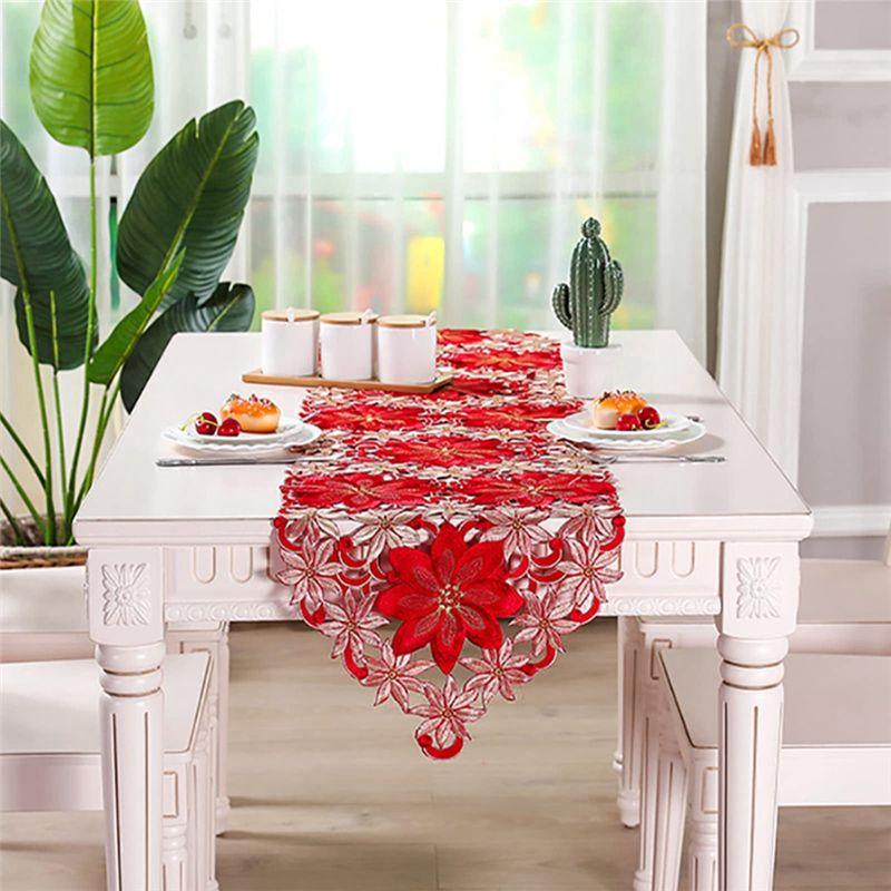 M-Modern-Christmas Table Runner, Poinsettia Holly Leaf Embroidered Table Linens For Christmas Decorations
