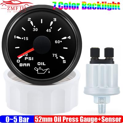 Auto Car 52mm Oil Pressure Gauge+Sensor 1/8NPT 7 Color Light 0~5 Bar Oil Pressure Meter with Sensor RV Marine Boat 12V24V