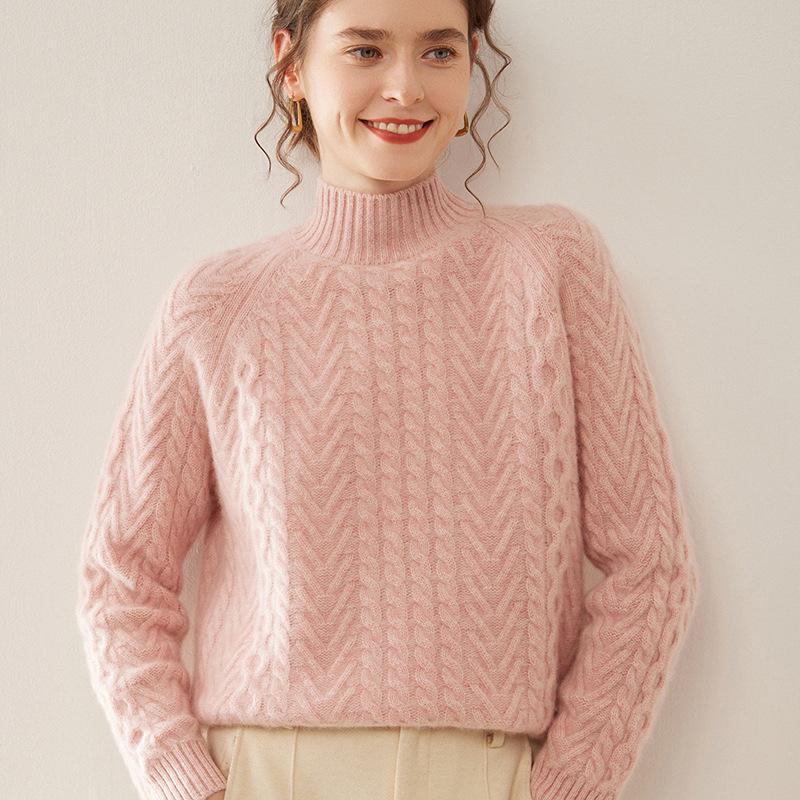 Women's Heavyweight Cashmere Sweater: Autumn-Winter Half-Neck Cable Knit Slim Pullover