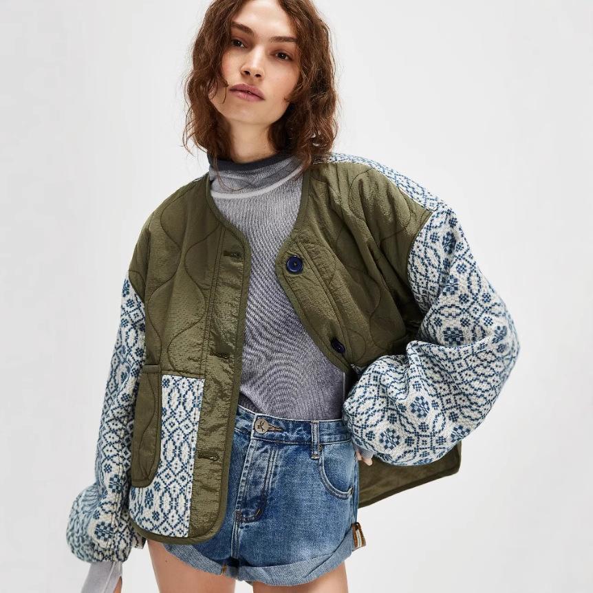 

Women s Asymmetric Quilted Left Panel Geometric Print Right Sleeve Casual Jacket XL армія зелений колір
