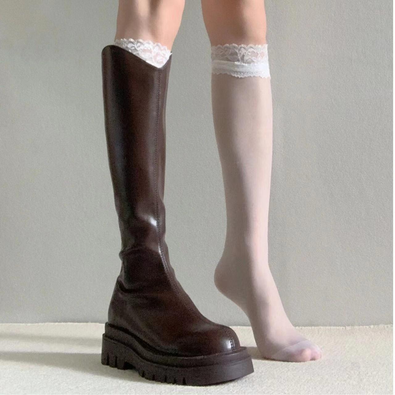 

Женские летние тонкие кружевные носки до середины икры Meilaide - Супертонкий стиль выше колена для сапог, Белый One Size