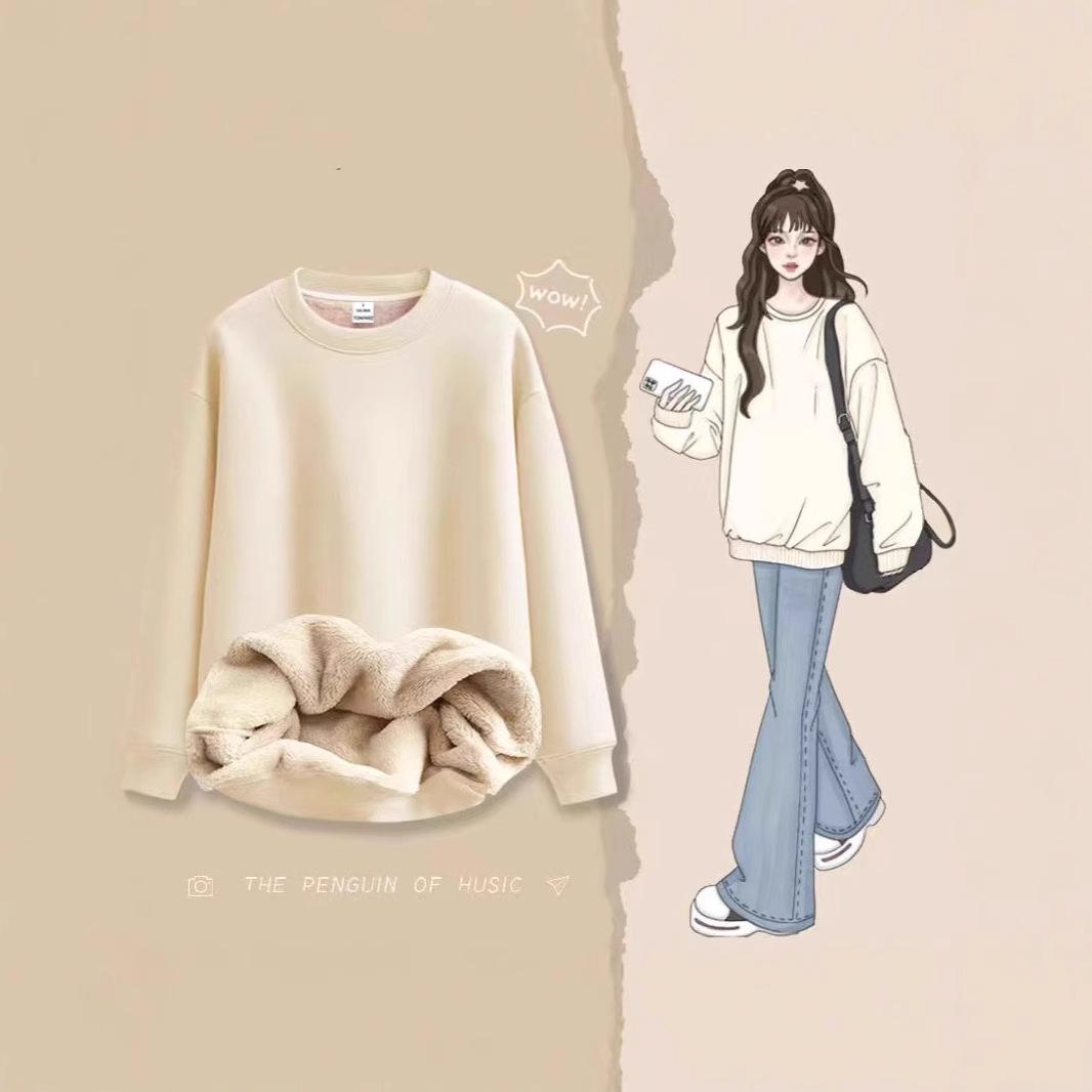 

Свитшот с круглым вырезом на флисовой подкладке из овечьей шерсти - Толстый, теплый и универсальный для осени/зимы XL чёрный