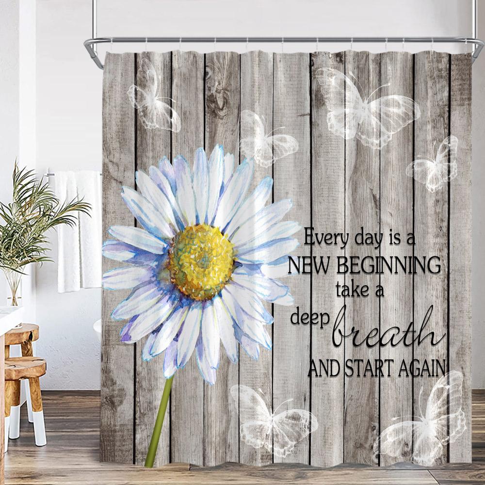 3D Daisy Flower Farmhouse Shower Curtain Motivational Quotes Watercolor Floral Bathroom Decor Vintage Countryside Bath Curtain