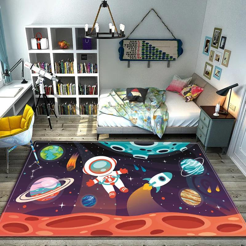 Cartoon Space Children Carpet Bedroom Bedside Universe Planet Mat for Kids Play Game Mat Baby Rugs Boy Non-slip Cute Room Decor