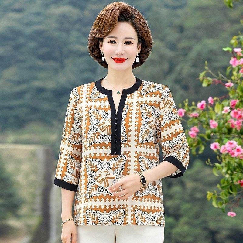 

Женский новый сшивной пуловер с круглым вырезом, на пуговицах, с принтом, модная свободная рубашка с рукавами до середины. 5XL жёлтый