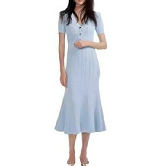 2025 Summer Korean V-neck Short-sleeve Knit Dress - Cinched Waist & Elegant Style