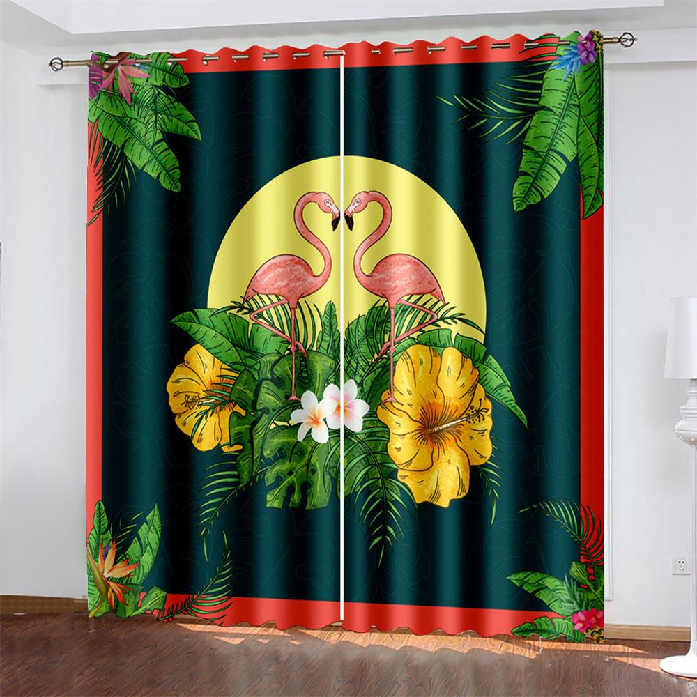 Artistic Flamingo Printing Woven Curtains Bedroom Blackout Curtains Two Separate Curtains On The Left and Right