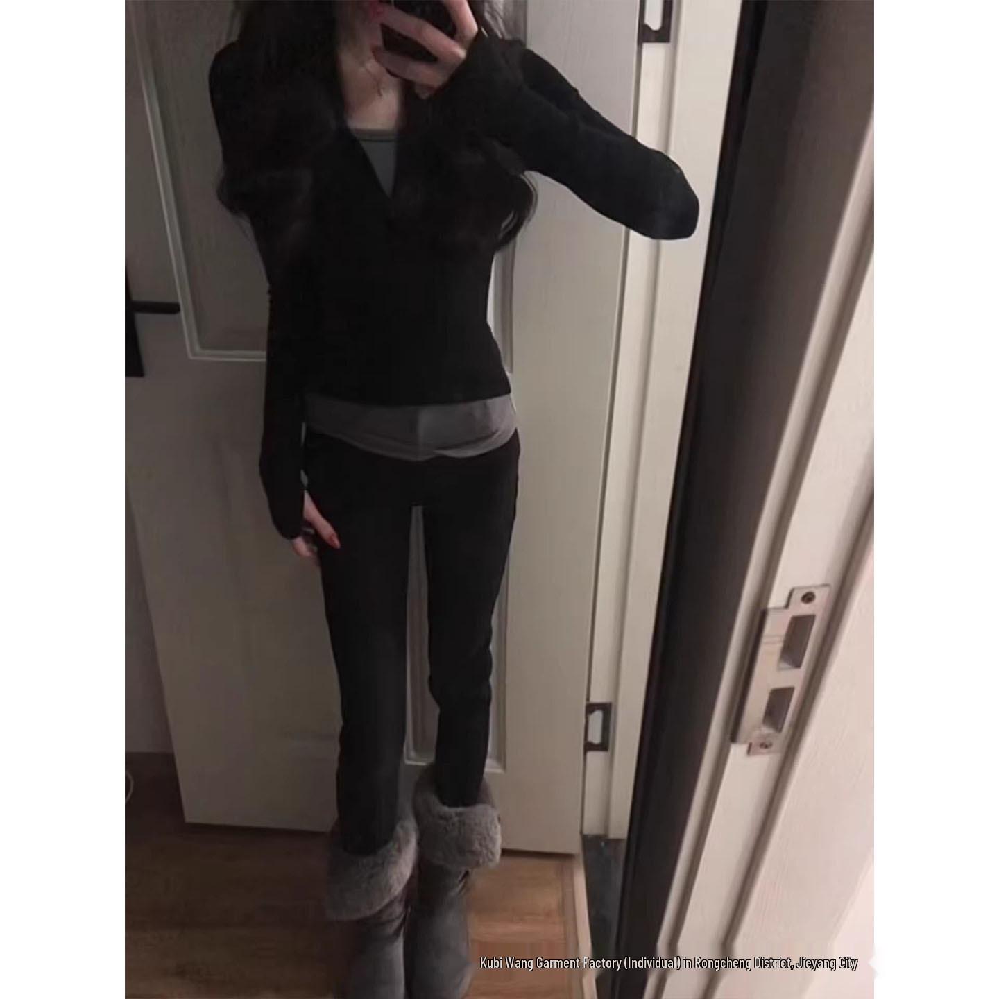 

Women s Spicy Girl Slim-Fit Color Block Long Sleeve Brushed Fleece T-Shirt for Autumn/Winter Extra Large чорний