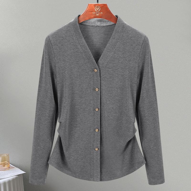 

Весна и Осень Новая Женская Базовая Рубашка с Длинным Рукавом из Кашемирового Протеина, Дизайн на Пуговицах, Внутренний Топ XXXL