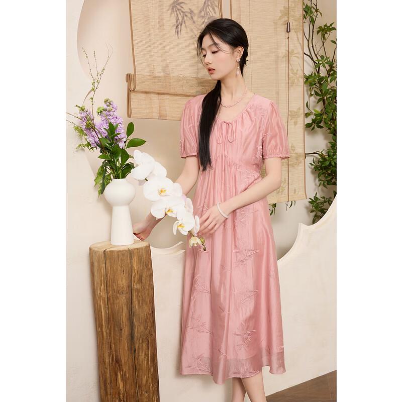 Sancai Plus Size Orange Pink Embroidered U-neck Dress