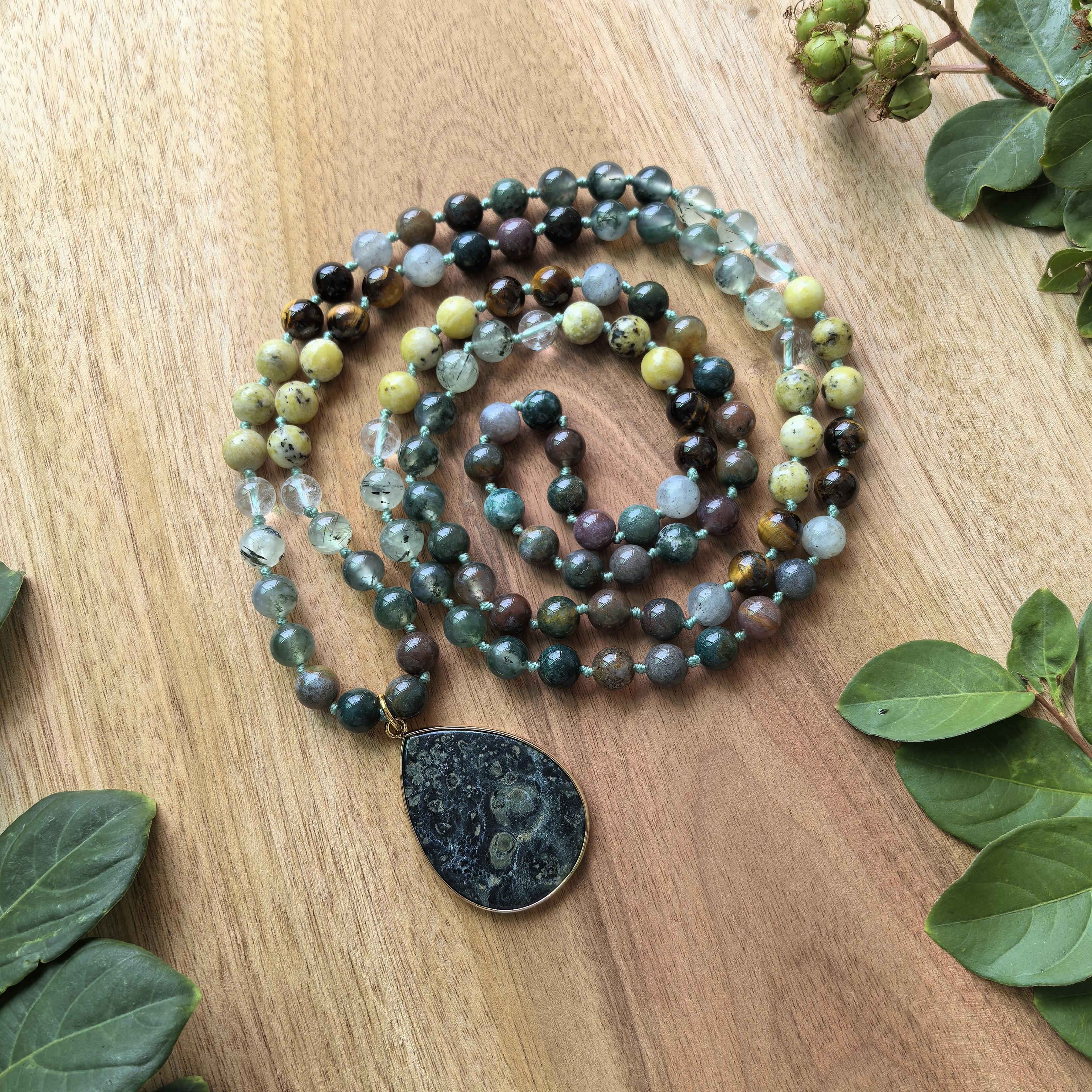 Prehnite,Moss Onyx,Indian Onyx Mala Necklace,Green Jade Pendant,JapaMala,108 Knotted Beads Meditation Healing Yoga Jewelry Gift