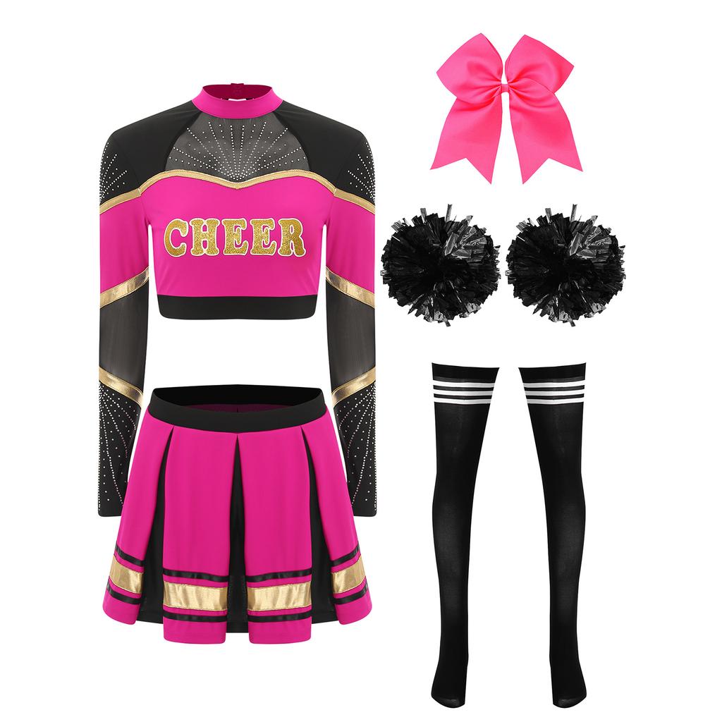 Damen Cheerleading Performance Tanz Outfit Langarm Stehkragen Strass Crop Top Faltenrock Haargummi Set