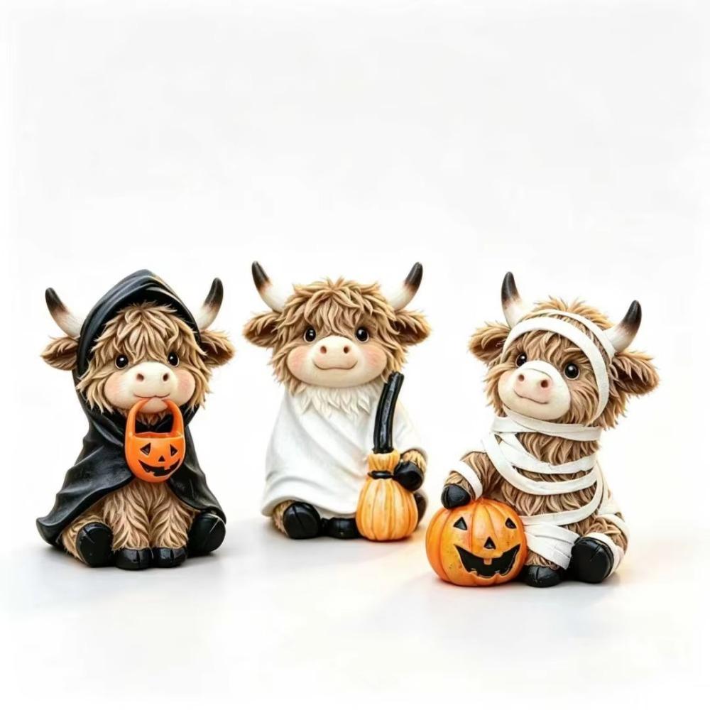 3 Halloween Highland Cow Statues, Cute Ghost Decorations, Hooded and Mummy Cow Statues with Pumpkin Decorations, for Layered Trays, Shelves