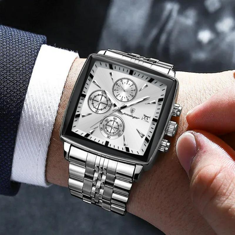 Business Quartz Watch Men Gold White Chronograph Dress Wristwatch with Stainless Steel Band Auto Date Luminous Hands 24-hour