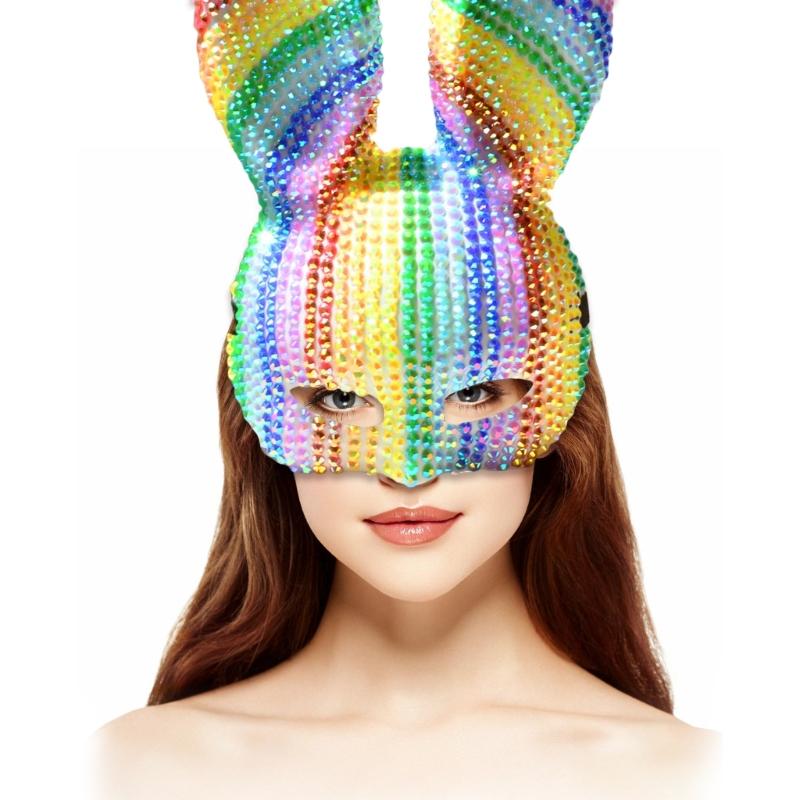 Colorful Rhinestones Masquerade Mask Long Bunnies Ear Mask For Men Women Halloween Masquerade Cosplay