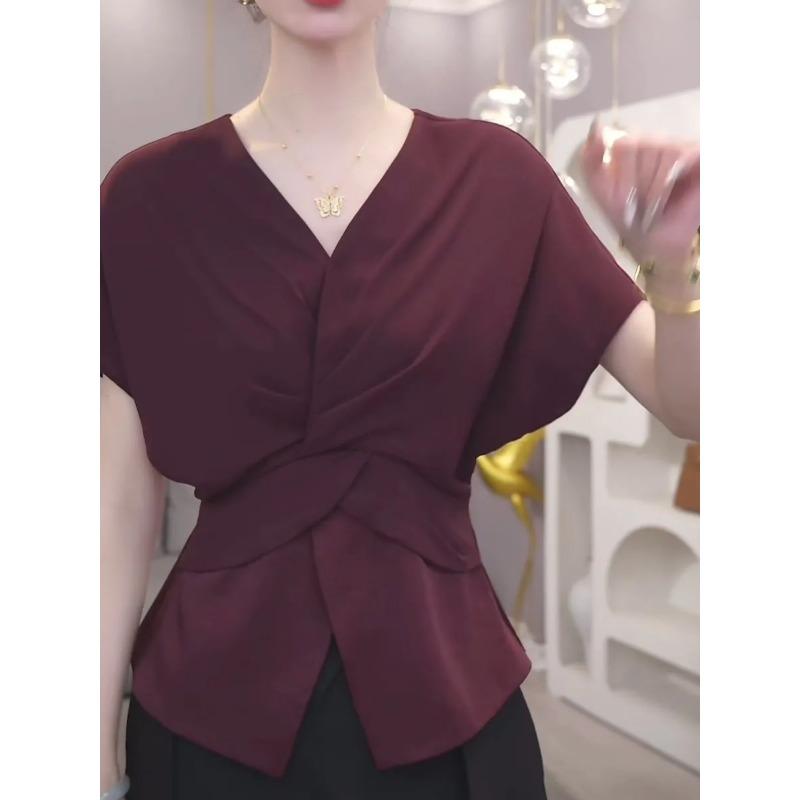 Kurzarm T-Shirt Damen Sommer Neu Koreanisch Schlanke Taille Plissiert V-Ausschnitt Temperament Vielseitig Schulterfrei Uni Oberteil