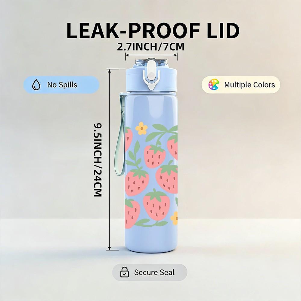 1PC Fresh Strawberry Floral Pattern 750ml Color Plastic Sports Water Bottle Leakproof Flip Straw Lid Suitable for Sports Office Home Use
