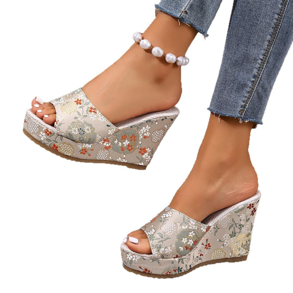 Fashion Women's Platform Slippers Vintage Floral Print Peep Toe Wedge Women's High Heels Floral Print Women's Slippers Summer Shoes