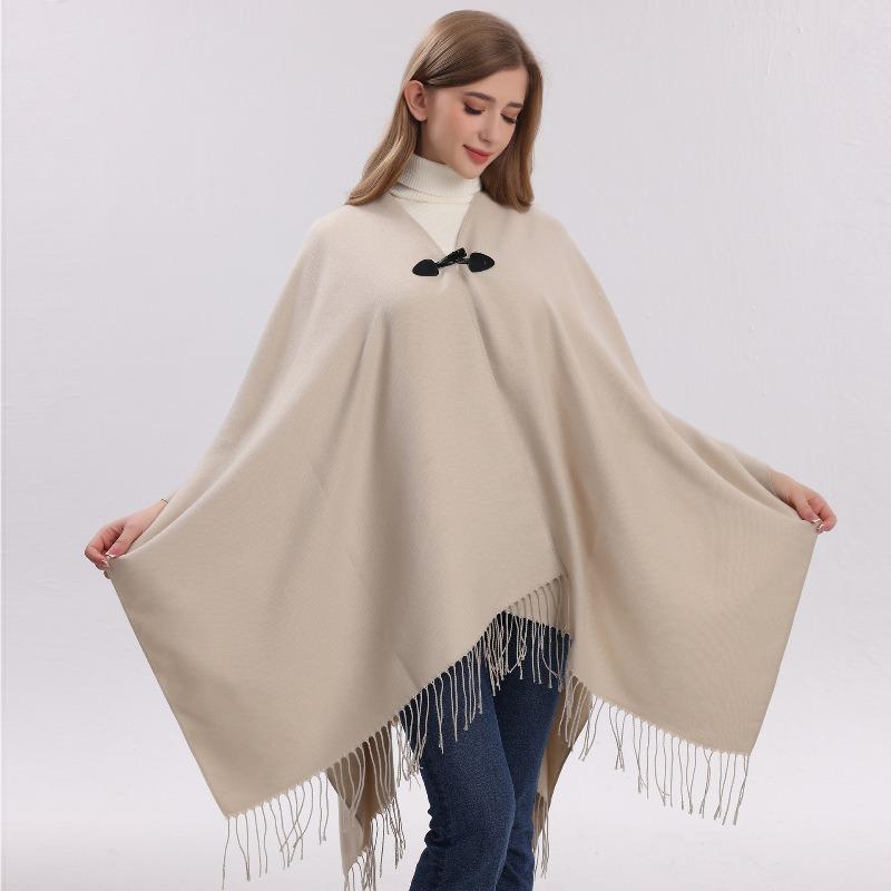 Women’s V‑Neck Knitted Poncho Cape with Toggle Buckle – Mid‑Length Autumn Winter Fringe Shawl Cardigan