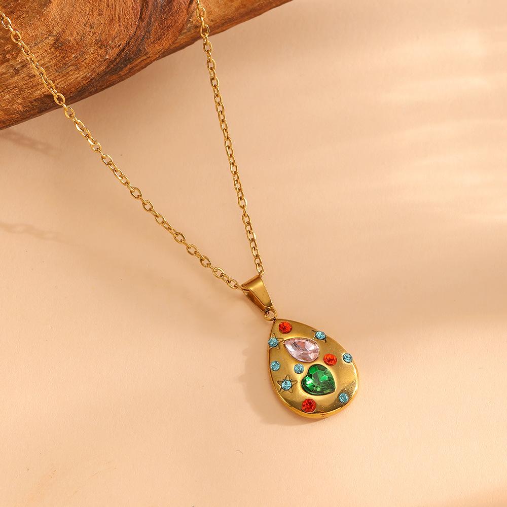 New Fashion 18K Gold PVD Stainless Steel Chain with Heart and Water Drop Pendant Full of Zircon Necklace Women Gift