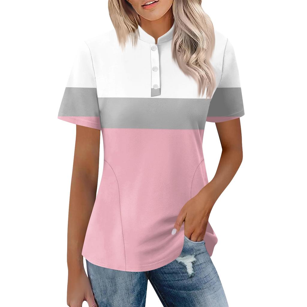 Women Casual Polo Neck Short Sleeve Loose Fit Top Fashionable Pullover Blouse with Button Up Design for Daily Wear