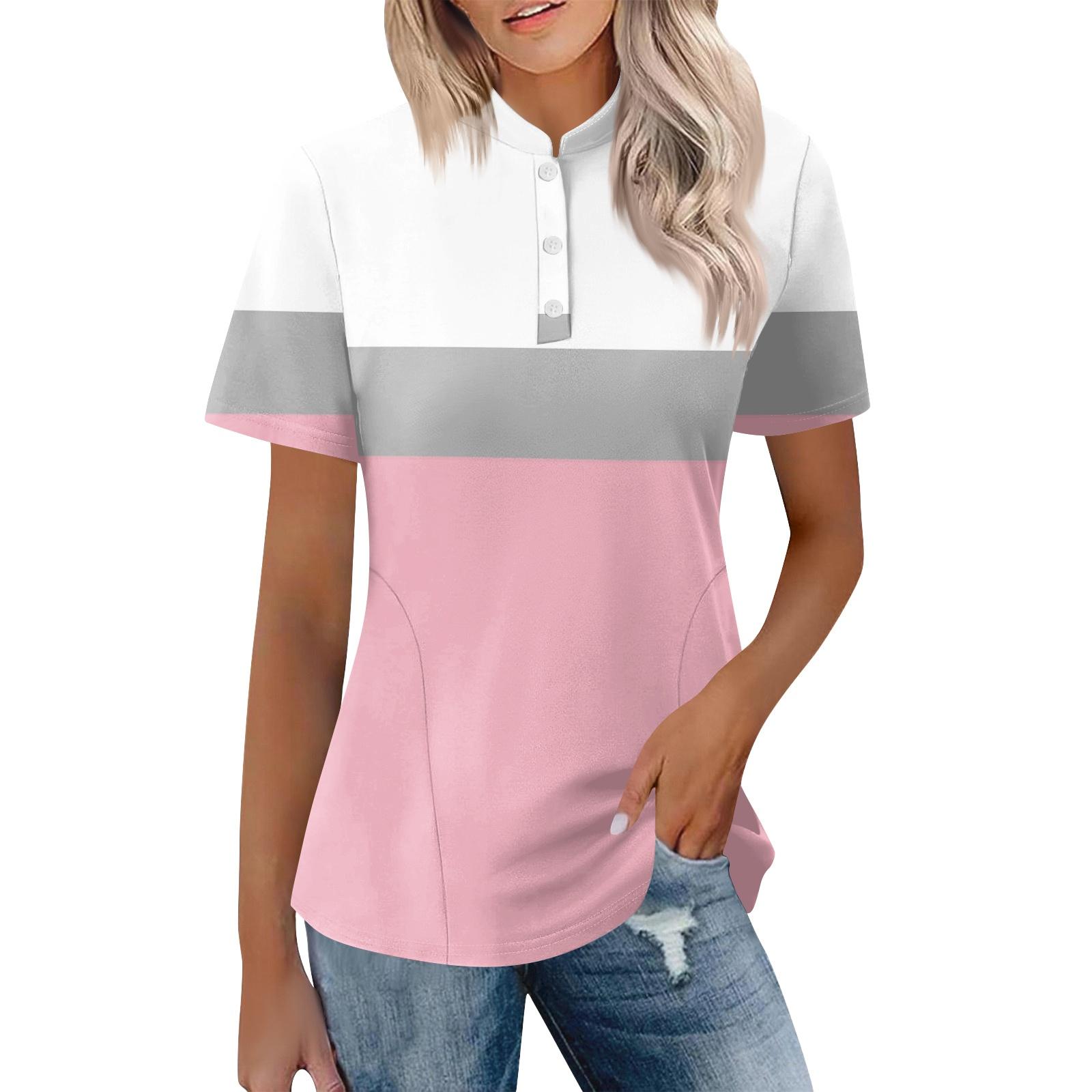 

Women Casual Polo Neck Short Sleeve Loose Fit Top Fashionable Pullover Blouse with Button Up Design for Daily Wear XXL
