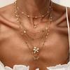 Wind Metal Sequined Butterfly Necklace, Fashionable Imitation Pearl Snake Bone Chain Stacked Collarbone Necklace