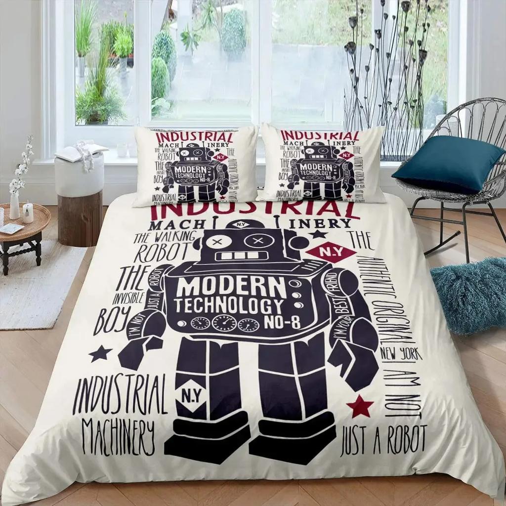 Robot Duvet Cover Set Boys Girls Watercolor Robot Quilt Cover Modern Cartoon Super Robot Pattern Bedding Set Comforter Cover Set