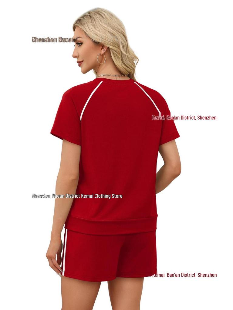 2026 Spring/Summer Women's Stretch Sport Casual Two-Piece Set - Round Neck Short Sleeve Top & Shorts