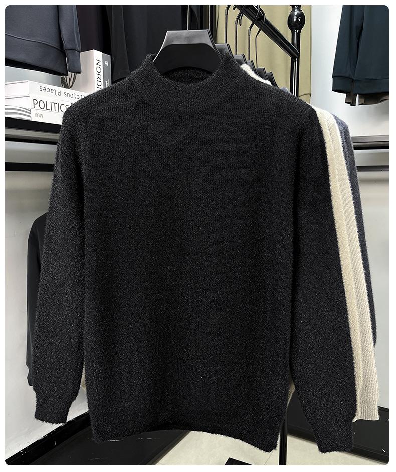 Men's High Neck Solid Color Thick Knit Sweater - Velvet Warm Base Layer for Autumn/Winter