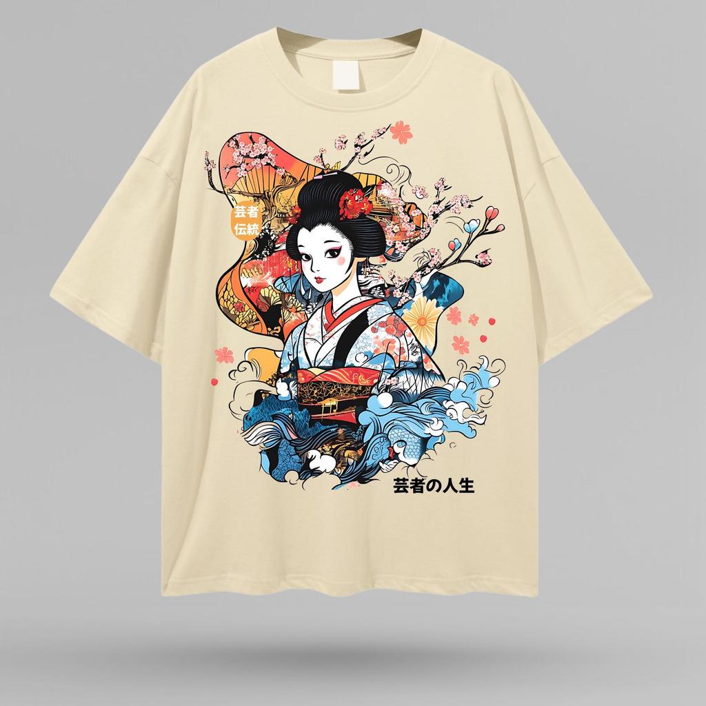 Colorful Geisha Beauty Oversize Deep Drop Shoulder Tee, Japanese Garden Sakura Geisha Cartoon Tshirt, High Quality Trendy Streetwear