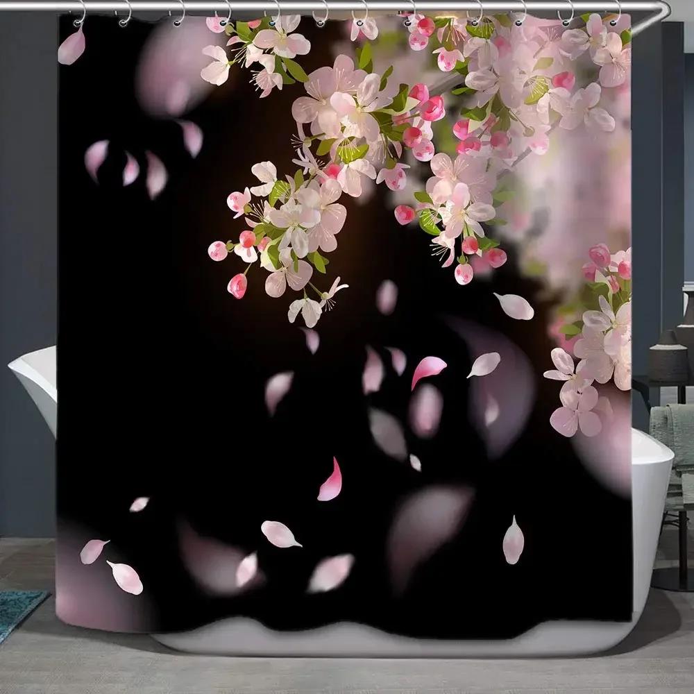 Pink Cherry Blossom Peach Blossoms Shower Curtain Set Flowers White Background Girl Bathroom Polyester Cloth Screen 12 With Hook