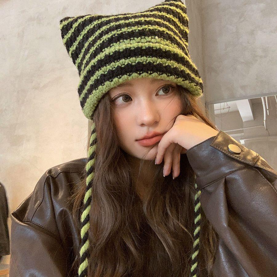 Japanese Little Devil Striped Hairball Knitted Wool Hat Children Autumn And Winter Cat Ears Cute Funny Pullover Hat